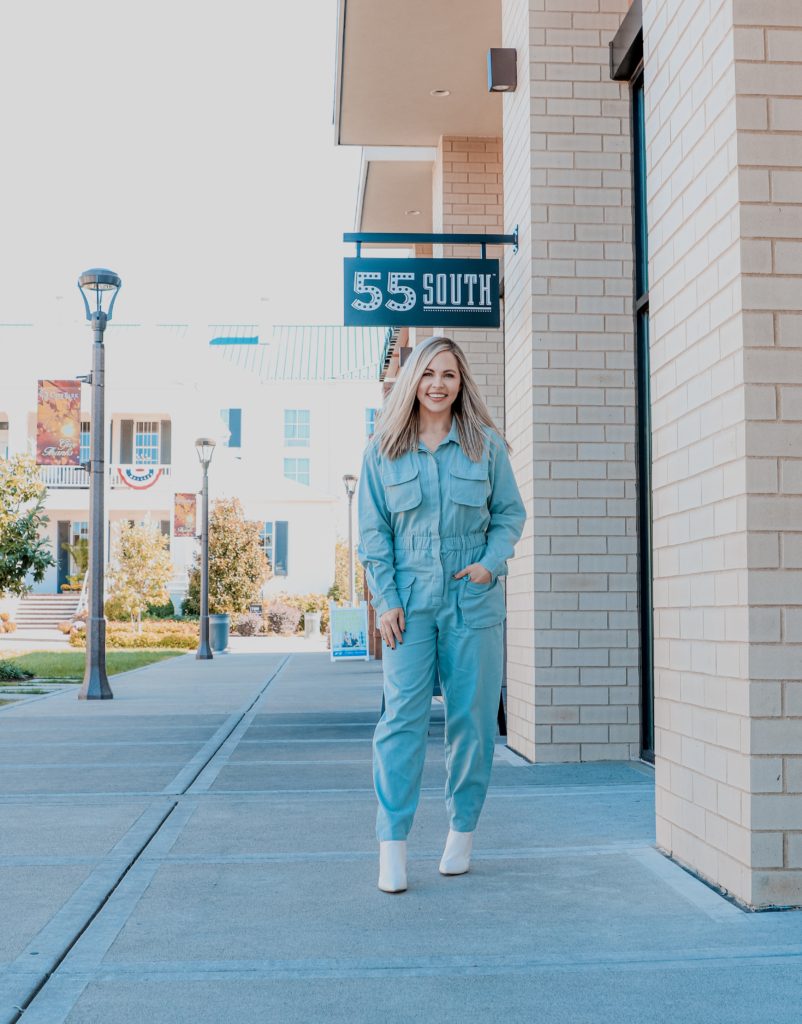 Boiler Suit Fashion styled for Fall by top US fashion blog, Nashville Wifestyles: image of a woman wearing an Express denim boiler suit.