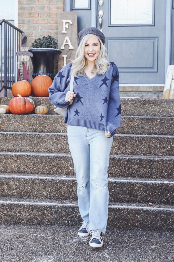 Vici Fall Fashion || Nashville's Newest Clothing Obsession - Nashville Wifestyles; Vici Fall Fashion, Nashville's Newest Clothing Obsession! Vici has a new Nashville store! I’m sure you've seen Vici on Insta. Click to see the star sweater & cute wrap dress looks you can wear this holiday. You can even consider this article a holiday lookbook to inspire your holiday party outfits. Find out how I style red skirts & dresses with sneakers! There's nothing cuter than ripped jeans & cute knit sweaters for women in their 30s. Awesome fashion looks you'll love! | Vici Nashville Fall Fashion || Nashville's Newest Clothing Obsession by popular Nashville fashion blog, Nashville Wifestyles: image of a woman wearing a Vici Nashville star sweater, Vici Nashville HEADLINER FAUX SUEDE GLITTER SNEAKERS, Vici Nashville MCGUIRE HIGH RISE DISTRESSED DENIM, and Vici Nashville beanie.