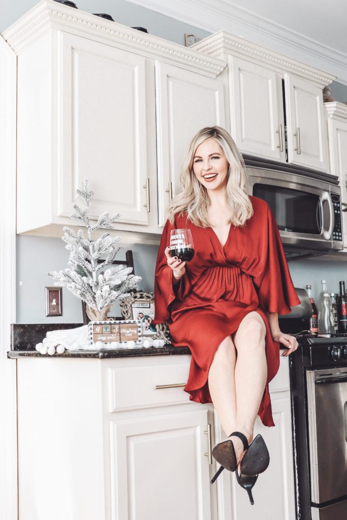 Vici Nashville Fall Fashion || Nashville's Newest Clothing Obsession by popular Nashville fashion blog, Nashville Wifestyles: image of a woman wearing a red kimono dress and Vici Nashville ALL OR NOTHING CLEAR STRAP HEELS.