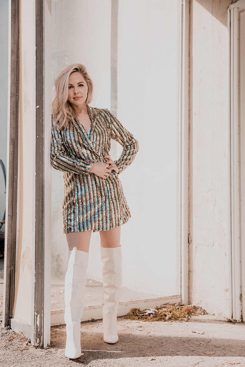 Rocking the Blazer Dress trend by popular Nashville fashion blog, Nashville Wifestyles: image of a woman wearing a sequin blazer dress and over-the-knee white boots.