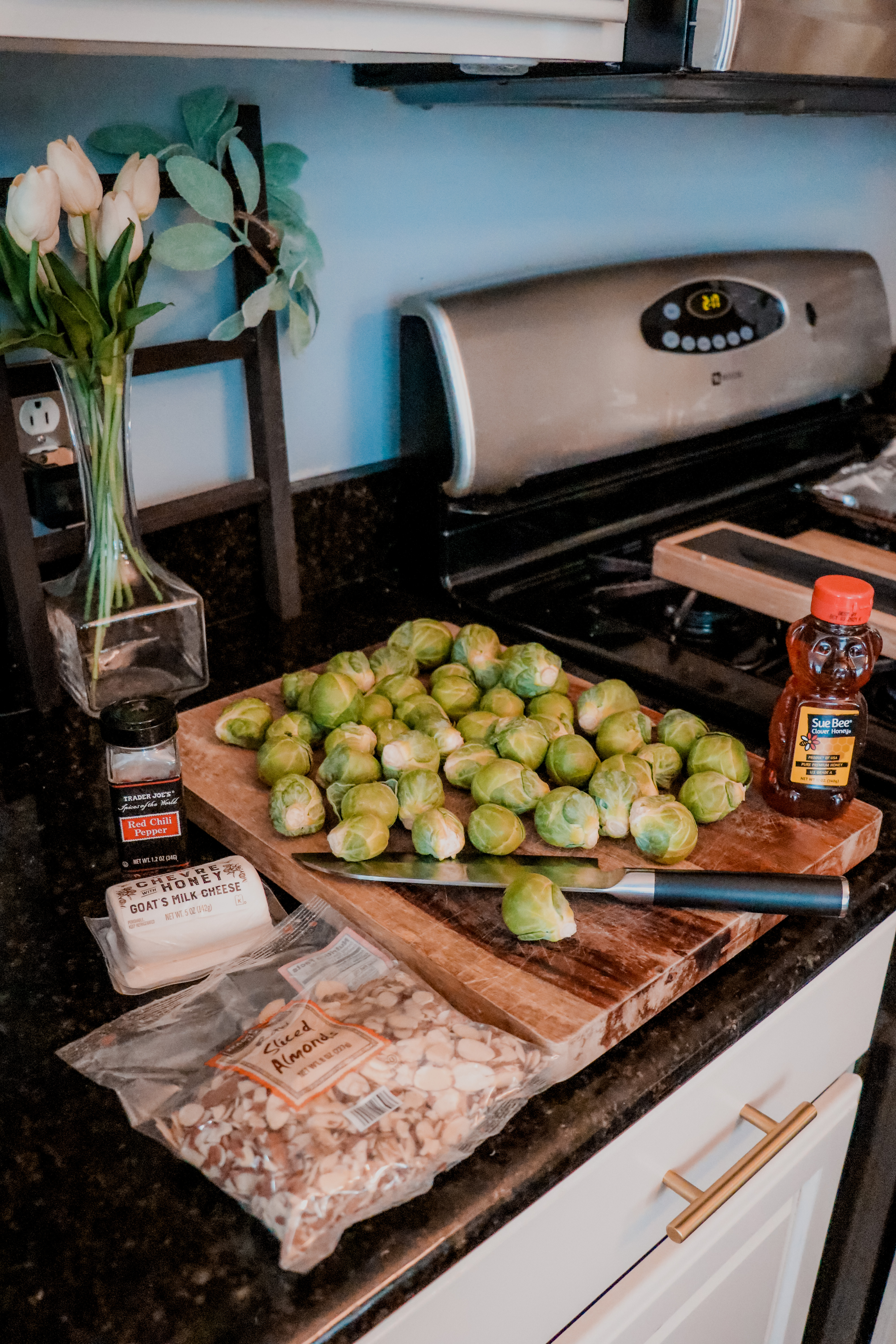 Honey Roasted Brussel Sprouts by popular Nashville life and style blog, Nashville Wifestyles: image of Brussel sprouts and a Sue Bee honey bear.