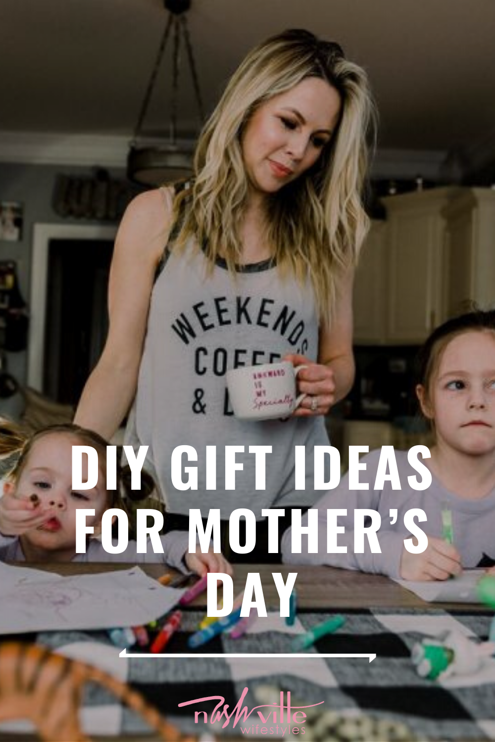 Homemade Mothers Day Gifts From Child by popular Nashville lifestyle blog, Nashville Wifestyles: image of two girls sitting at a farmhouse table while they work on some crafts.